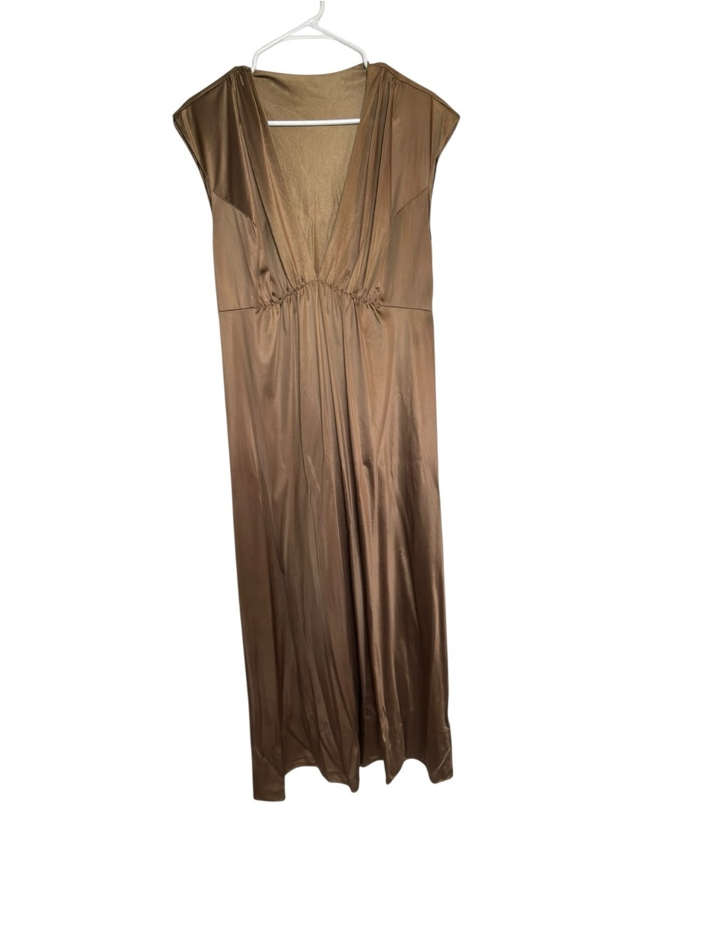 Vintage 70s Vanity Fair Antron Nylon Bronze Plunge Maxi Nightgown Medium